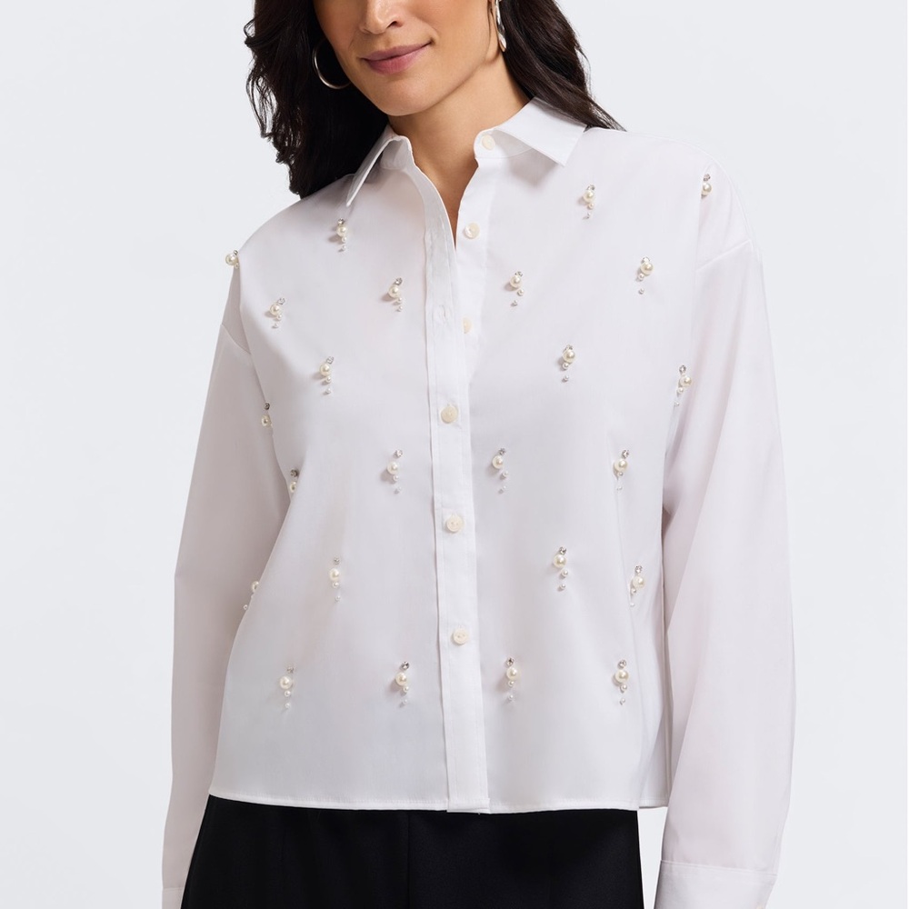 Foxcroft White Button Down Shirt with Pearl Accents